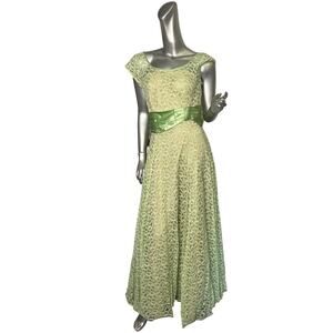 Vintage 1960s Emma Domb Green Lace Evening Gown Medium